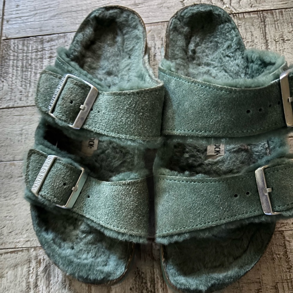 Green Fuzzy Birkenstock’s with Buckles